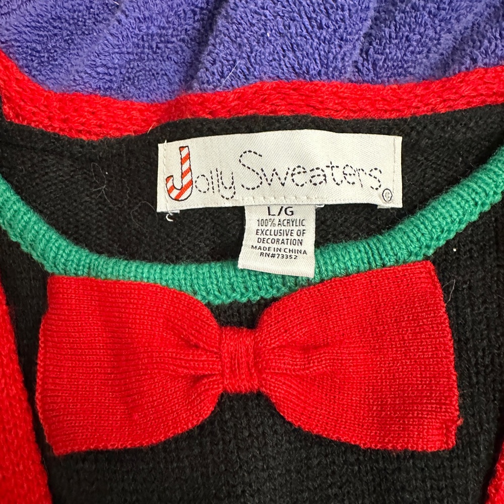 Jolly Sweaters - Men’s Ugly Christmas Sweater-Black w Bowtie, Pointsettia's - Picture 2 of 5